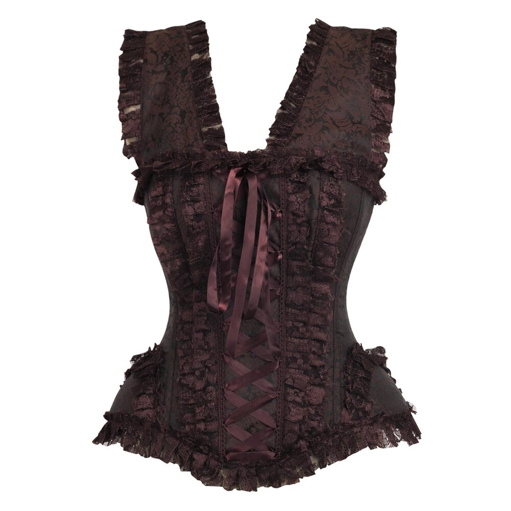 2868 Top Drawer Brown Swirl Brocade & Lace Steel Boned Corset w/Cap Sleeves